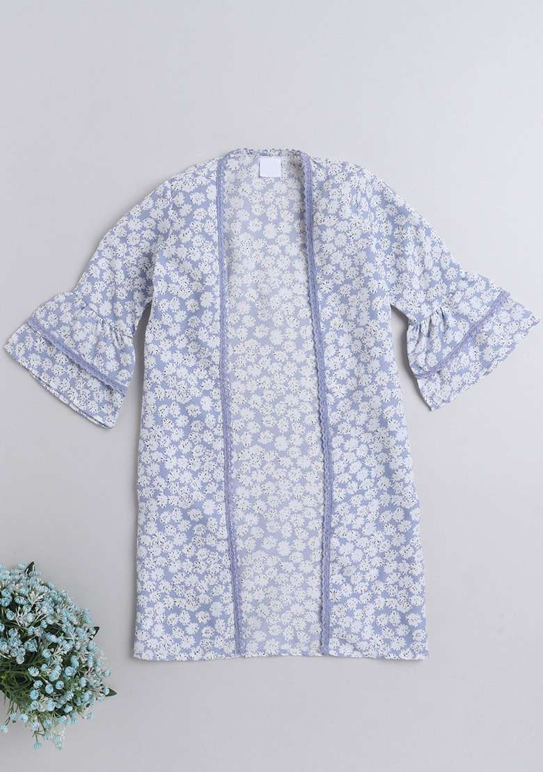 Blue Printed Polyester Shrug For Girls - Indya
