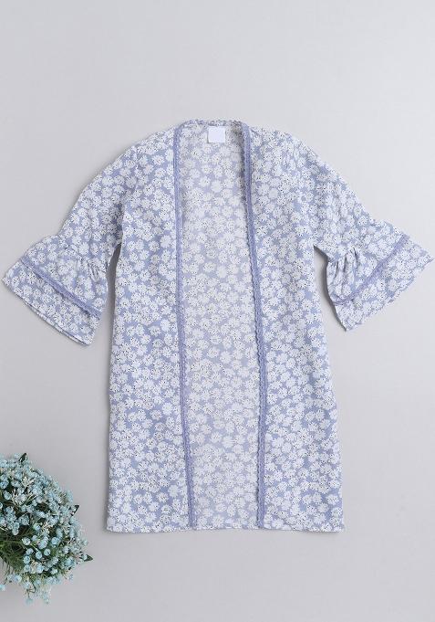 Blue Printed Polyester Shrug For Girls