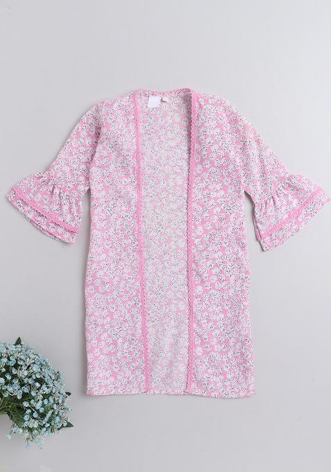 Pink Printed Polyester Shrug For Girls