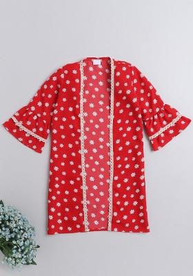 Red Printed Polyester Shrug For Girls