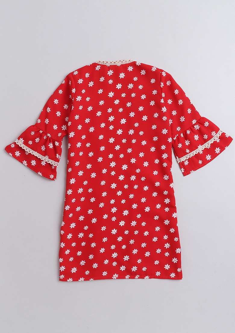 Red Printed Polyester Shrug For Girls - Indya
