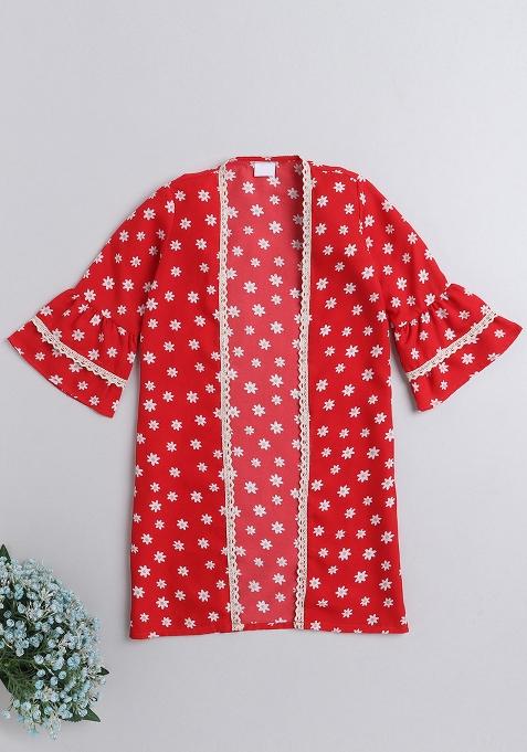Red Printed Polyester Shrug For Girls