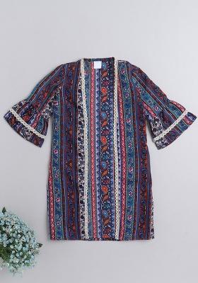 Blue Printed Polyester Shrug For Girls