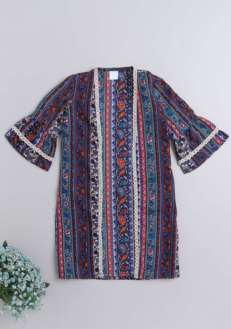 Blue Printed Polyester Shrug For Girls - Indya