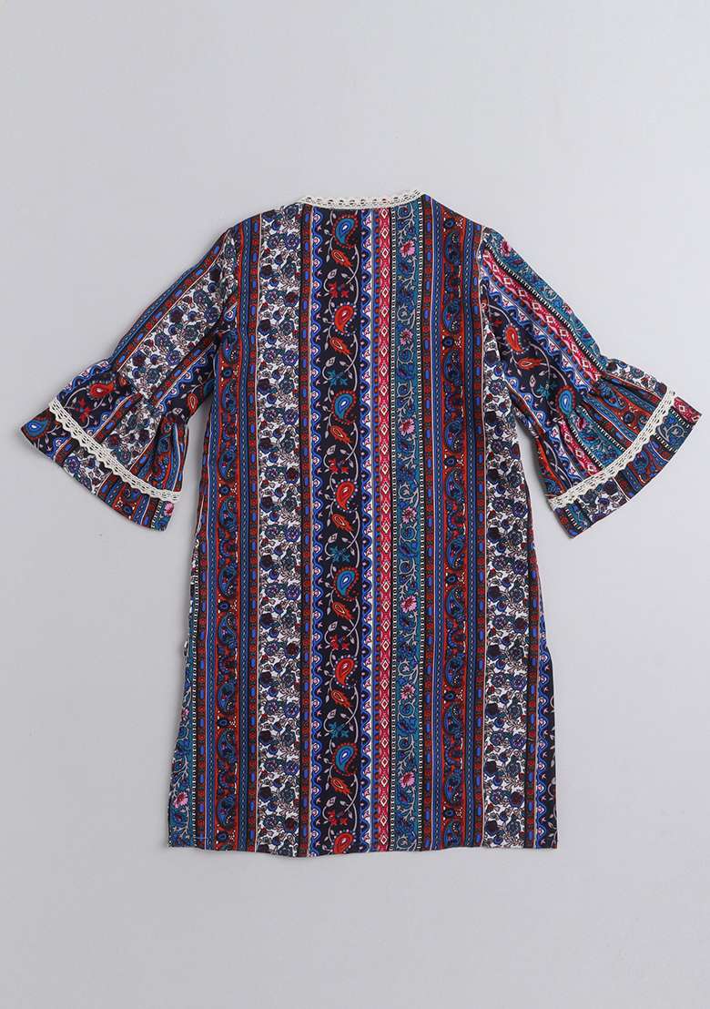 Blue Printed Polyester Shrug For Girls - Indya