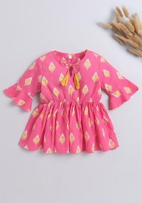 Pink Printed Cotton Tops For Girls