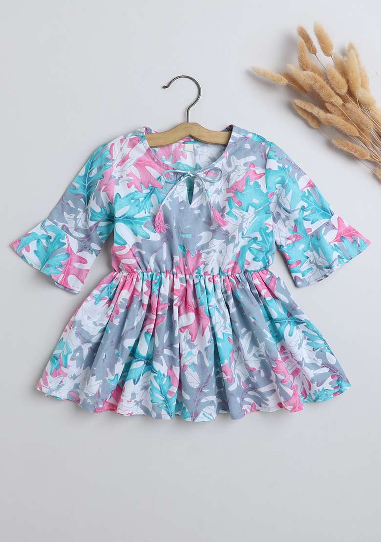Blue Printed Cotton Tops For Girls - Indya
