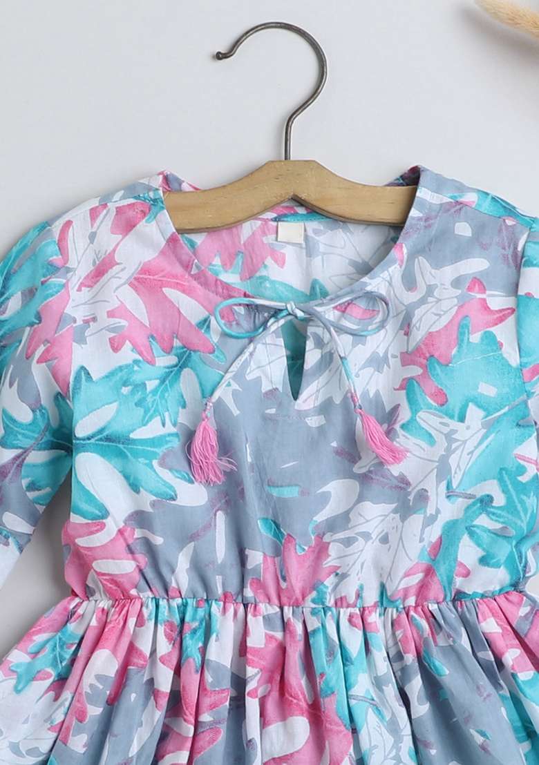Blue Printed Cotton Tops For Girls - Indya