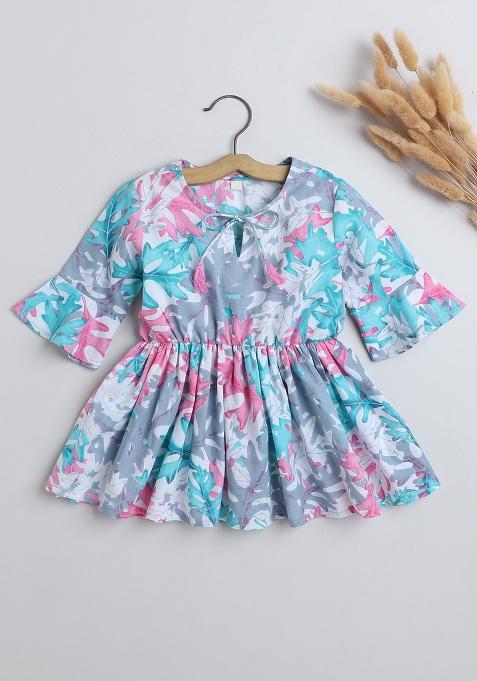Blue Printed Cotton Tops For Girls