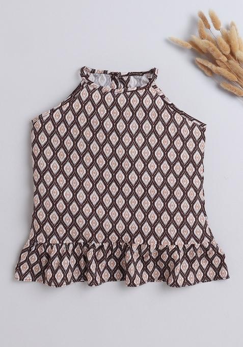 Brown Printed Rayon Tops For Girls
