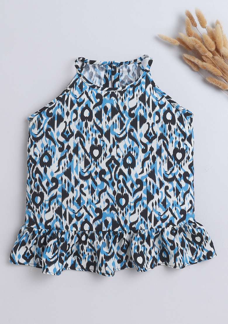 Black Printed Rayon Tops For Girls - Indya