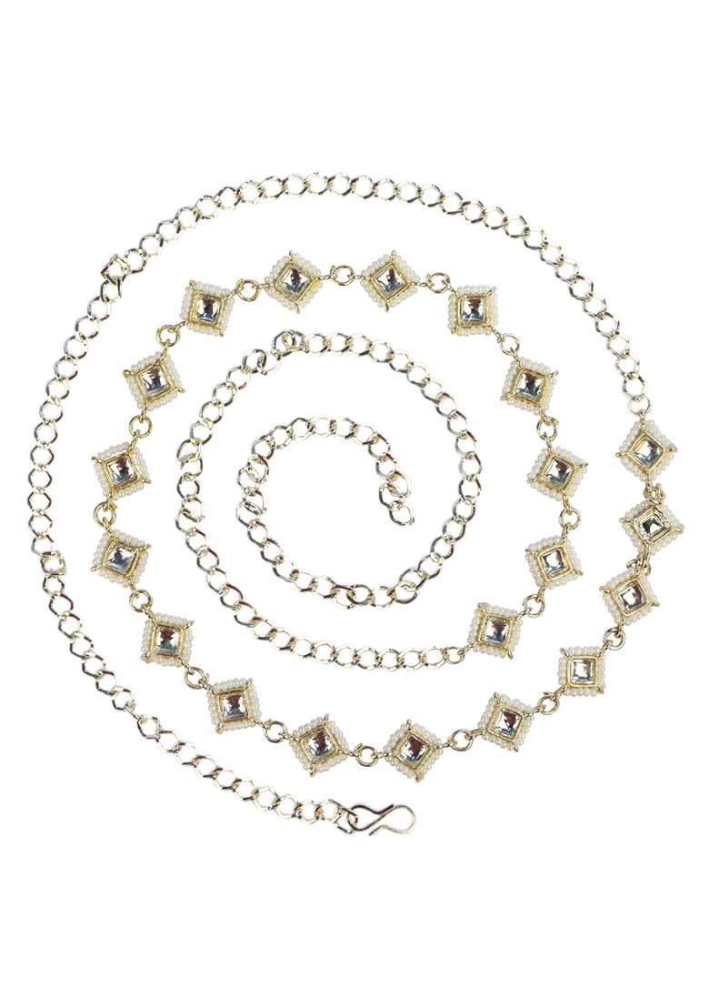 Silver Plated Square Kundan Bead Waist Belly Chain - Indya