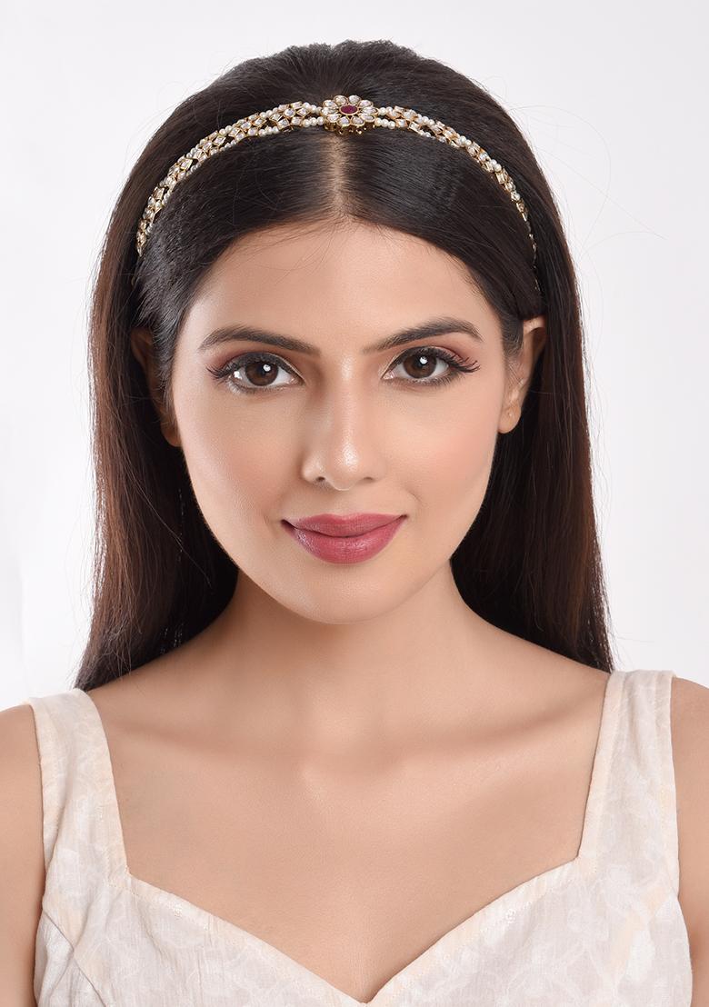 Gold Plated Ruby Kundan Pearl Sheeshphool Mathapatti Maangtika