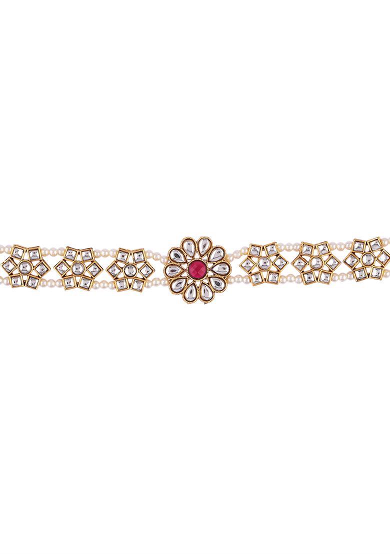 Gold Plated Ruby Kundan Pearl Sheeshphool Mathapatti Maangtika