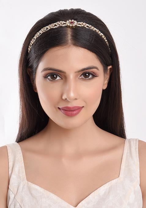 Gold Plated Ruby Kundan Pearl Sheeshphool Mathapatti Maangtika