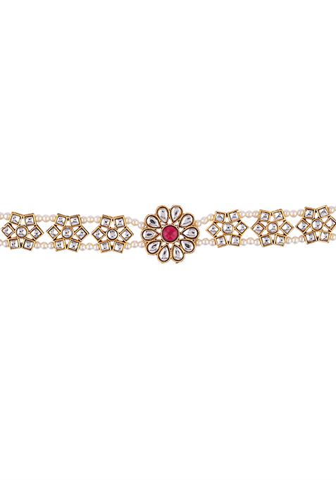 Gold Plated Ruby Kundan Pearl Sheeshphool Mathapatti Maangtika