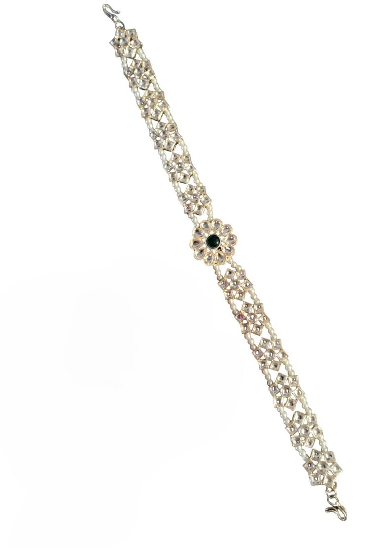 Silver Plated Green Stone Studded Kundan Pearl Sheeshphool Mathapatti