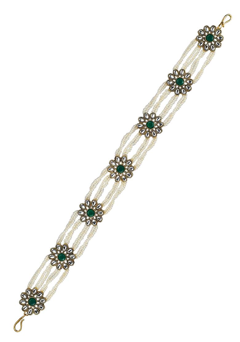 Multistrand Kundan Pearl Green Stone Mathapatti Sheeshphool