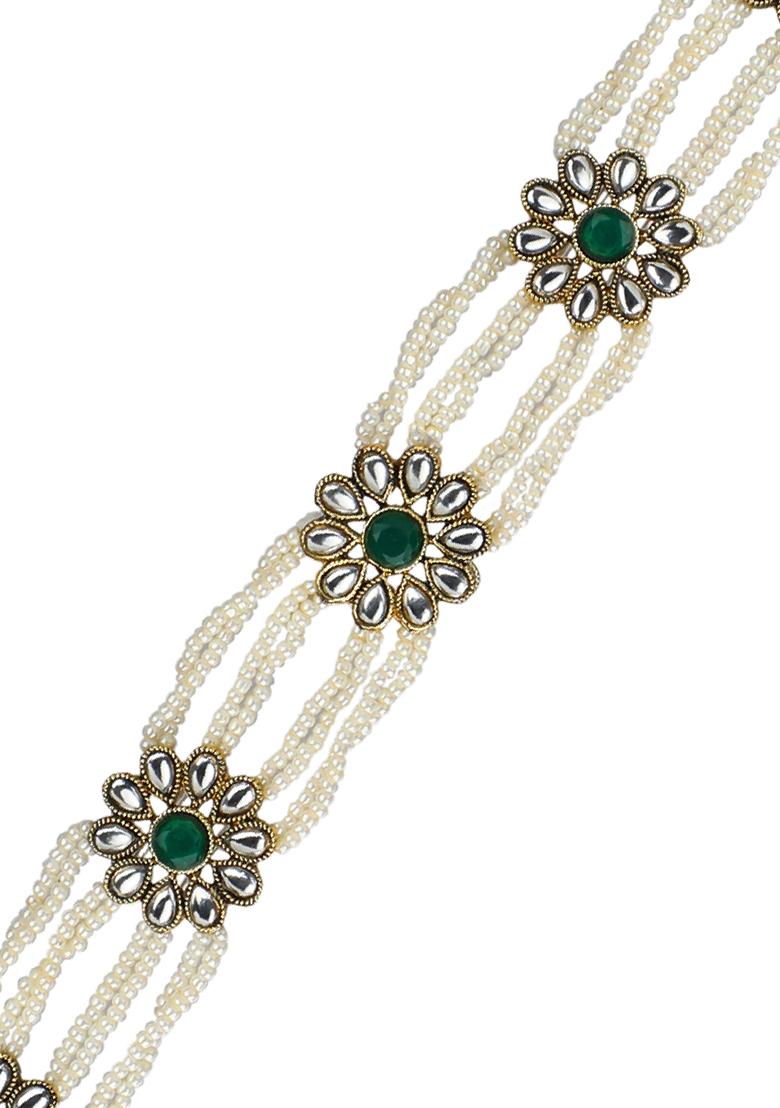 Multistrand Kundan Pearl Green Stone Mathapatti Sheeshphool - Indya