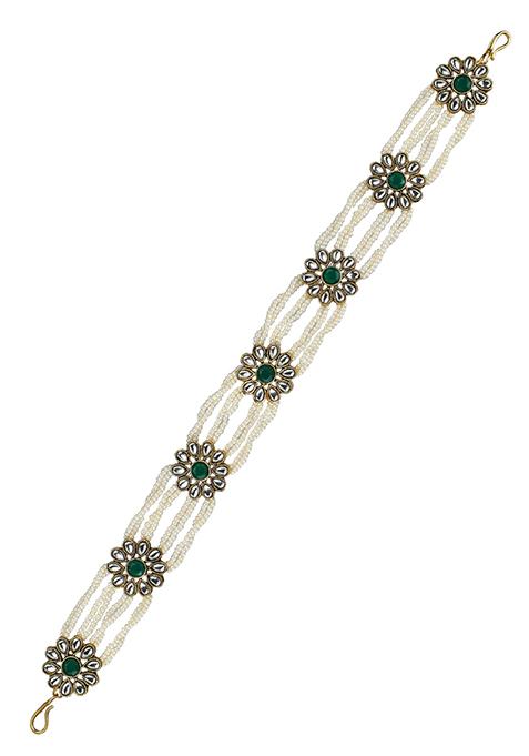 Multistrand Kundan Pearl Green Stone Mathapatti Sheeshphool