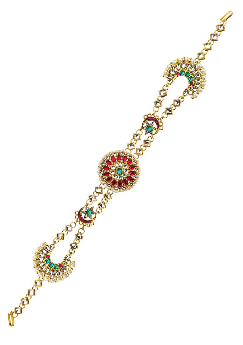 Rajwadi Pink And Green Kundan Bridal Mathapatti Sheeshphool