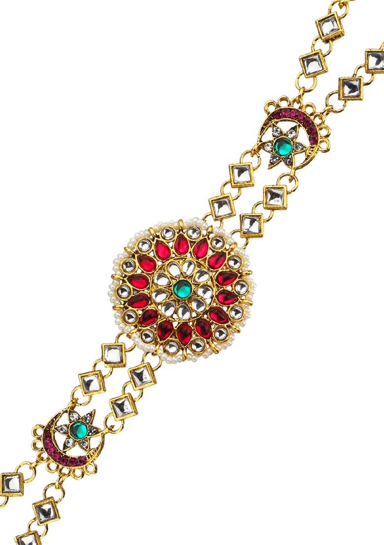 Rajwadi Pink And Green Kundan Bridal Mathapatti Sheeshphool