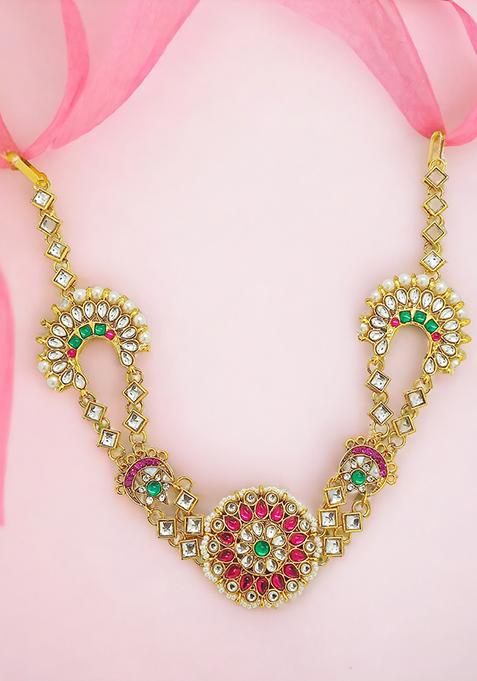 Rajwadi Pink And Green Kundan Bridal Mathapatti Sheeshphool