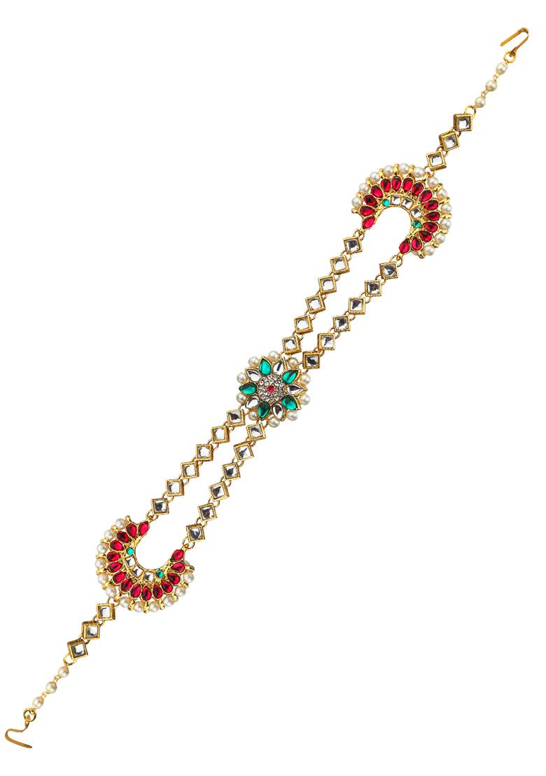 Ornate Pink And Green Kundan Bridal Mathapatti Sheeshphool