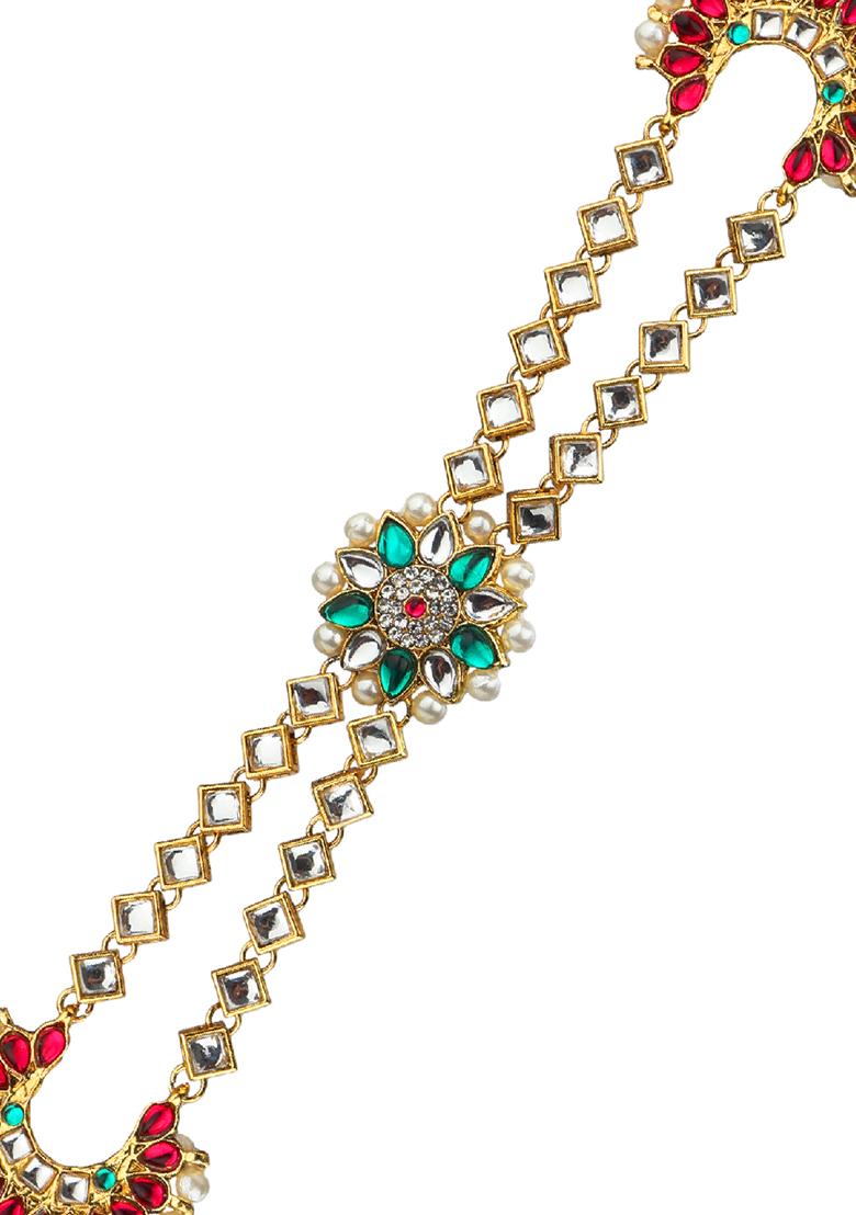 Ornate Pink And Green Kundan Bridal Mathapatti Sheeshphool