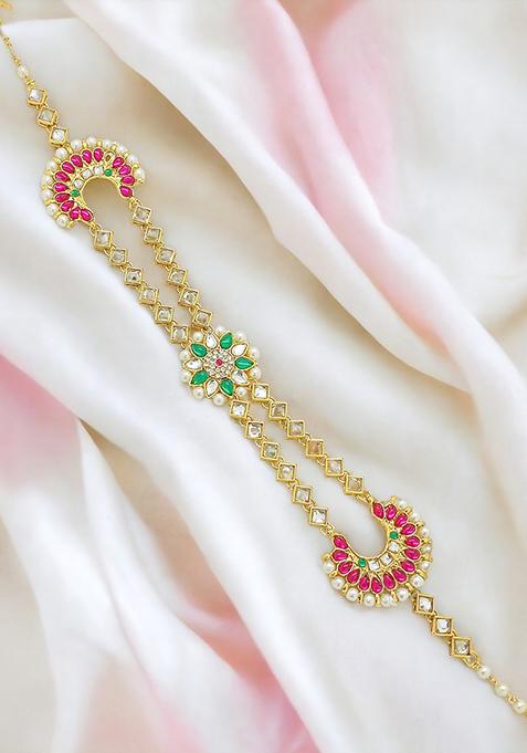 Ornate Pink And Green Kundan Bridal Mathapatti Sheeshphool