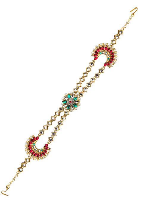 Ornate Pink And Green Kundan Bridal Mathapatti Sheeshphool