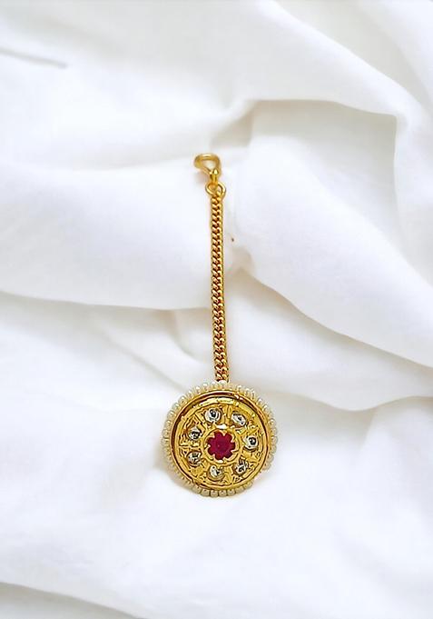 Gold Plated Kundan Bead Borla Maangtika