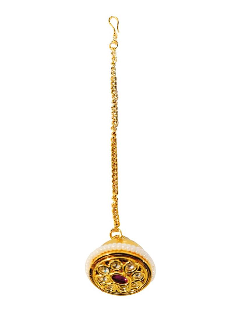 Gold Plated Kundan Ruby Bead Borla Mangtika
