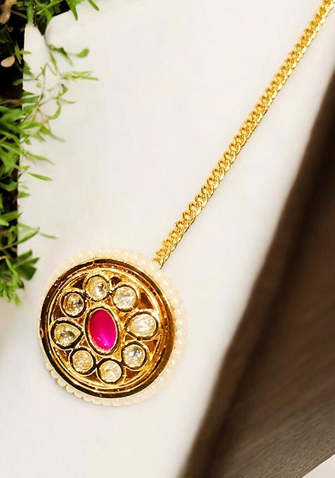 Gold Plated Kundan Ruby Bead Borla Mangtika