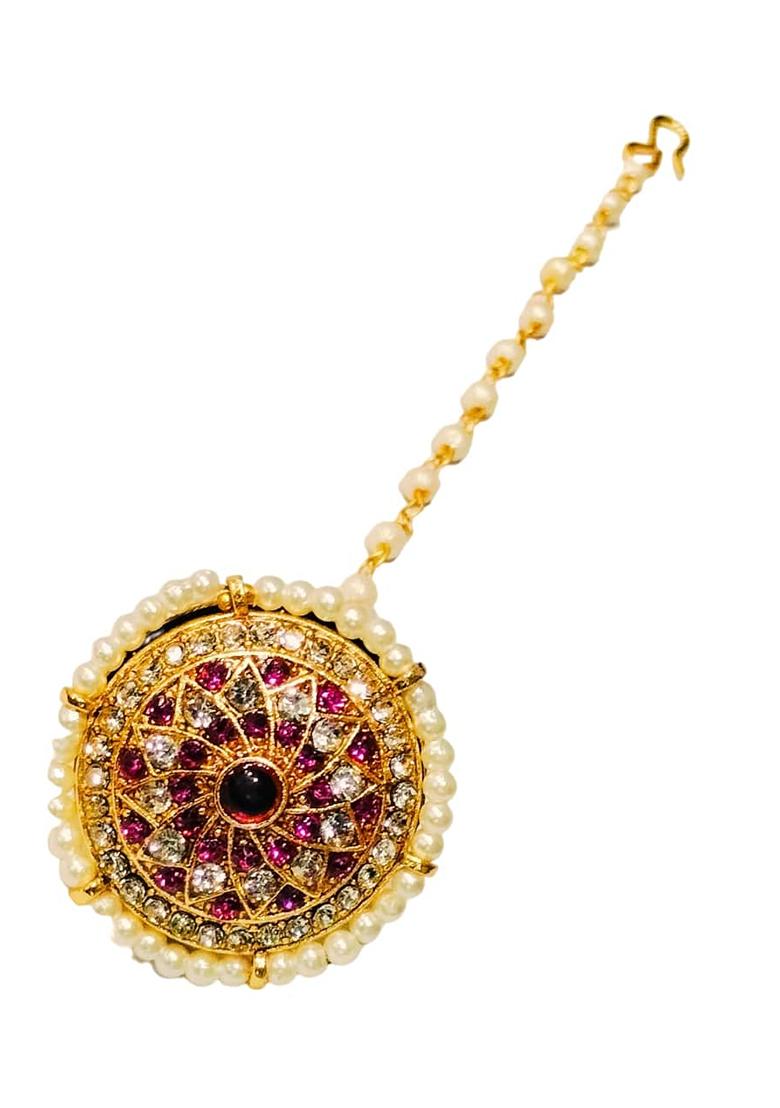 Gold Plated Pink Cz Stone Pearl Borla Maangtika - Indya