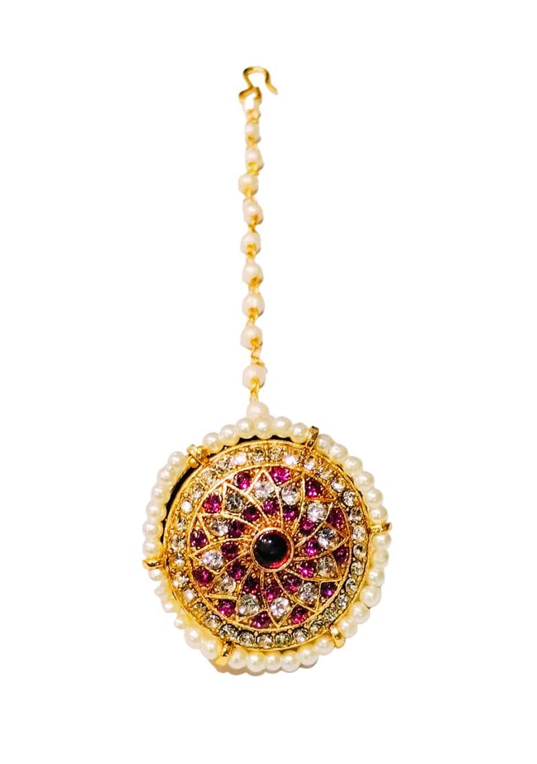 Gold Plated Pink Cz Stone Pearl Borla Maangtika - Indya