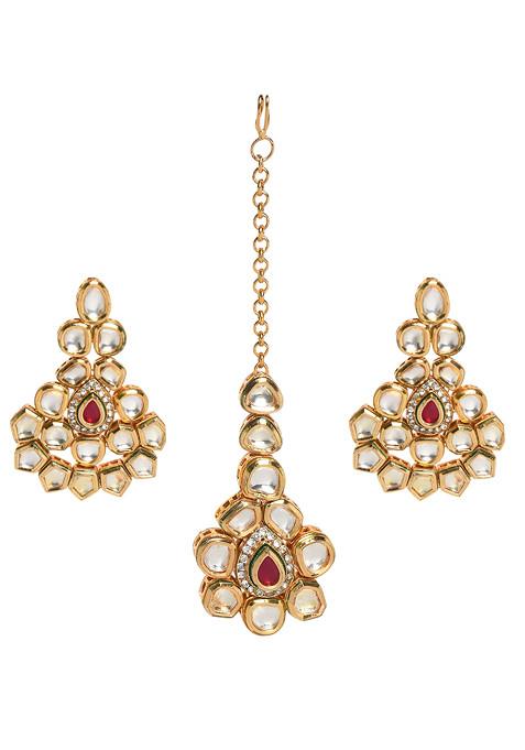 Gold Tone Handcrafted Kundan Studded Earring And Mangtika