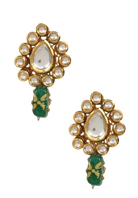 Gold Tone Green Bead Kundan Earrings And Mangtika