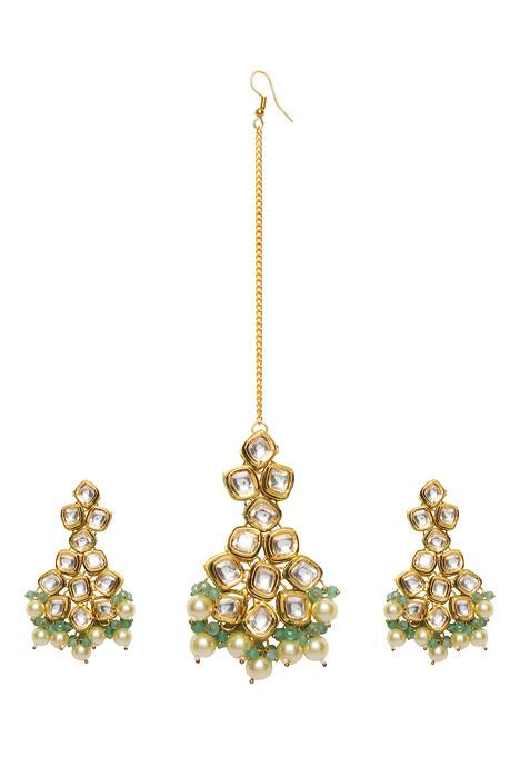 Gold Tone Pearl Kundan Earrings And Maangtika