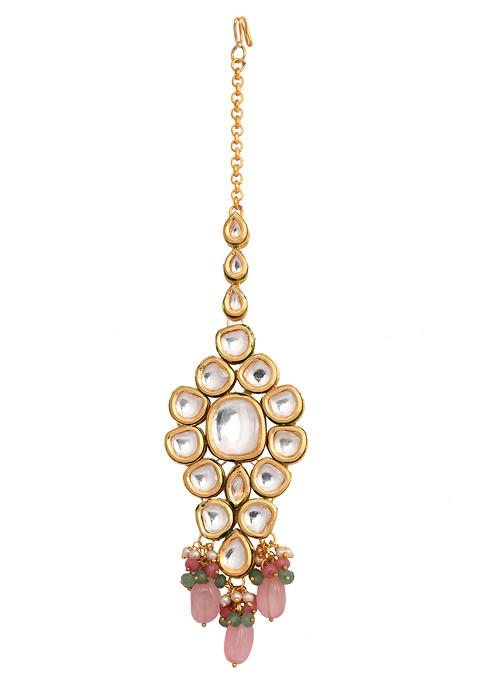 Pink Bead Gold Tone Kundan Handcrafted Maangtika