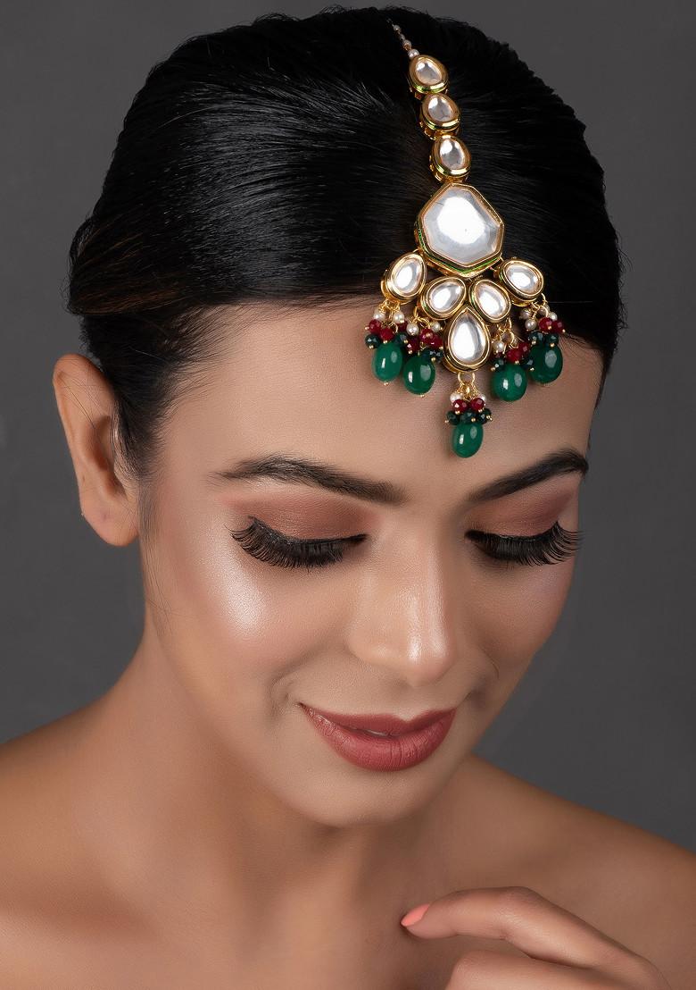 Gold Tone Emerald Bead Kundan Maangtika - Indya