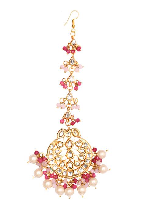 Pearl And Pink Bead Gold Tone Kundan Handcrafted Maangtika