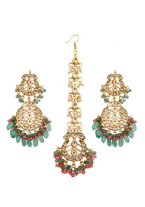 Pink And Green Gold Tone Kundan Maangtika With Earrings