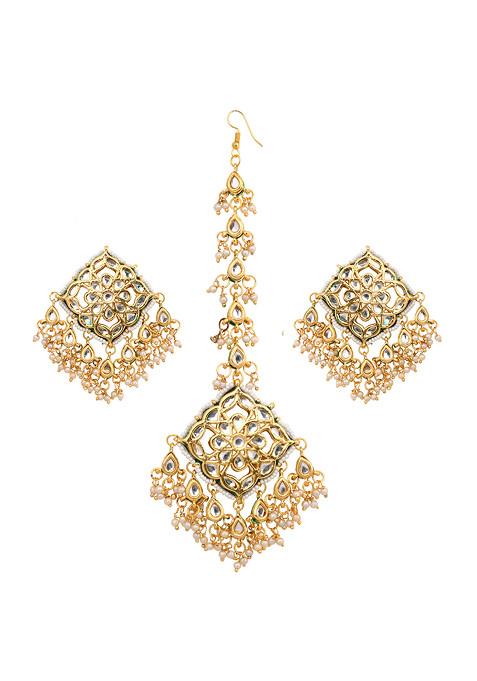 Gold Tone Kundan Maangtika With Earrings