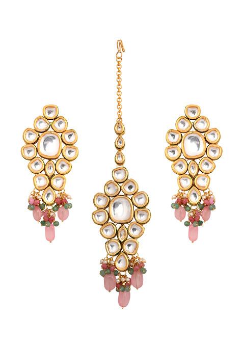 Pink Bead Gold Tone Kundan Maangtika With Earrings