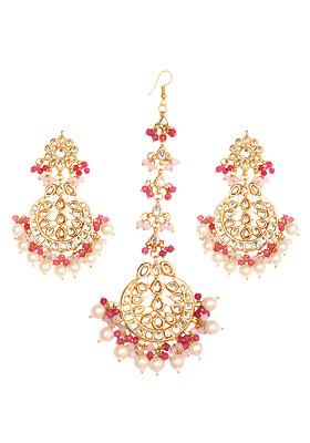 Pink Bead Pearl Kundan Handcrafted Maangtika With Earrings