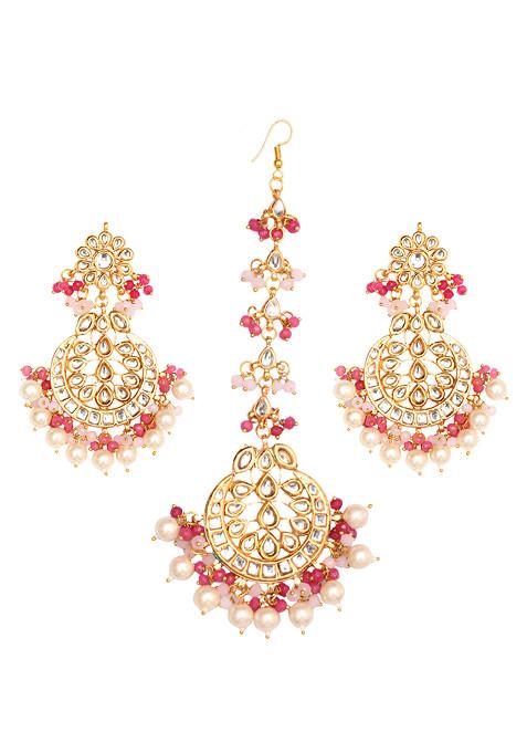 Pink Bead Pearl Kundan Handcrafted Maangtika With Earrings