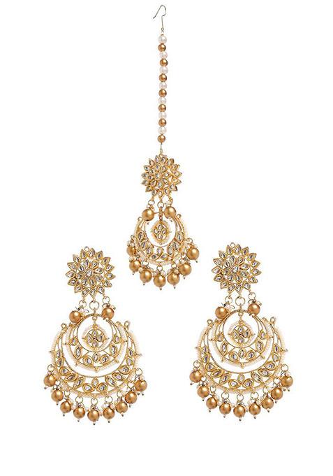 Silver Kundan Chandbali Earrings And Maangtika