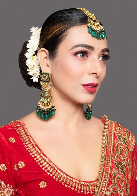 Green Handcrafted Kundan Emerald Bead Earrings And Maangtika