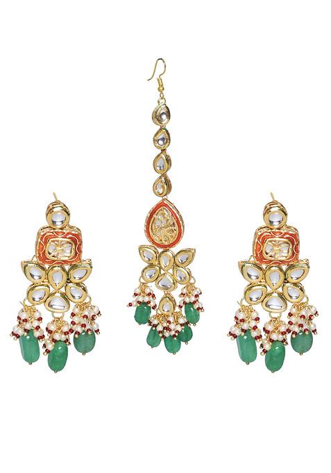 Red Gold Tone Kundan Earrings And Maangtika